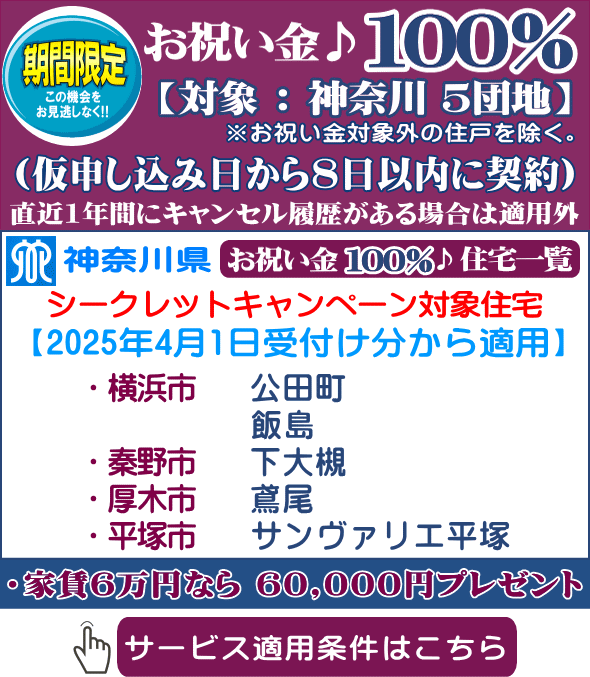 UR賃貸住宅 神奈川県横浜市 お祝い金 贈呈率